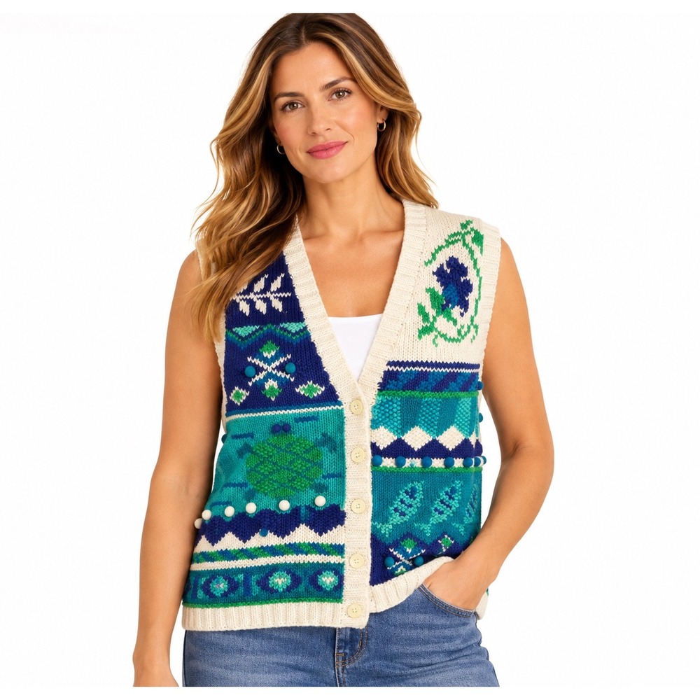 Robert Scott Petites Hand Knit Sea Turtle Fish Sweater Vest Teal Blue Large PL